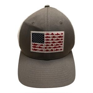Columbia PFG FlexFit Fishing Hat S/M Gray White USA Flag Fish Patch Trucker